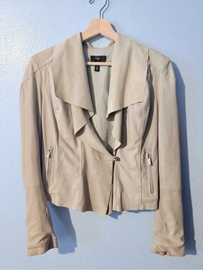 Aqua Taupe Draped Genuine Leather Jacket